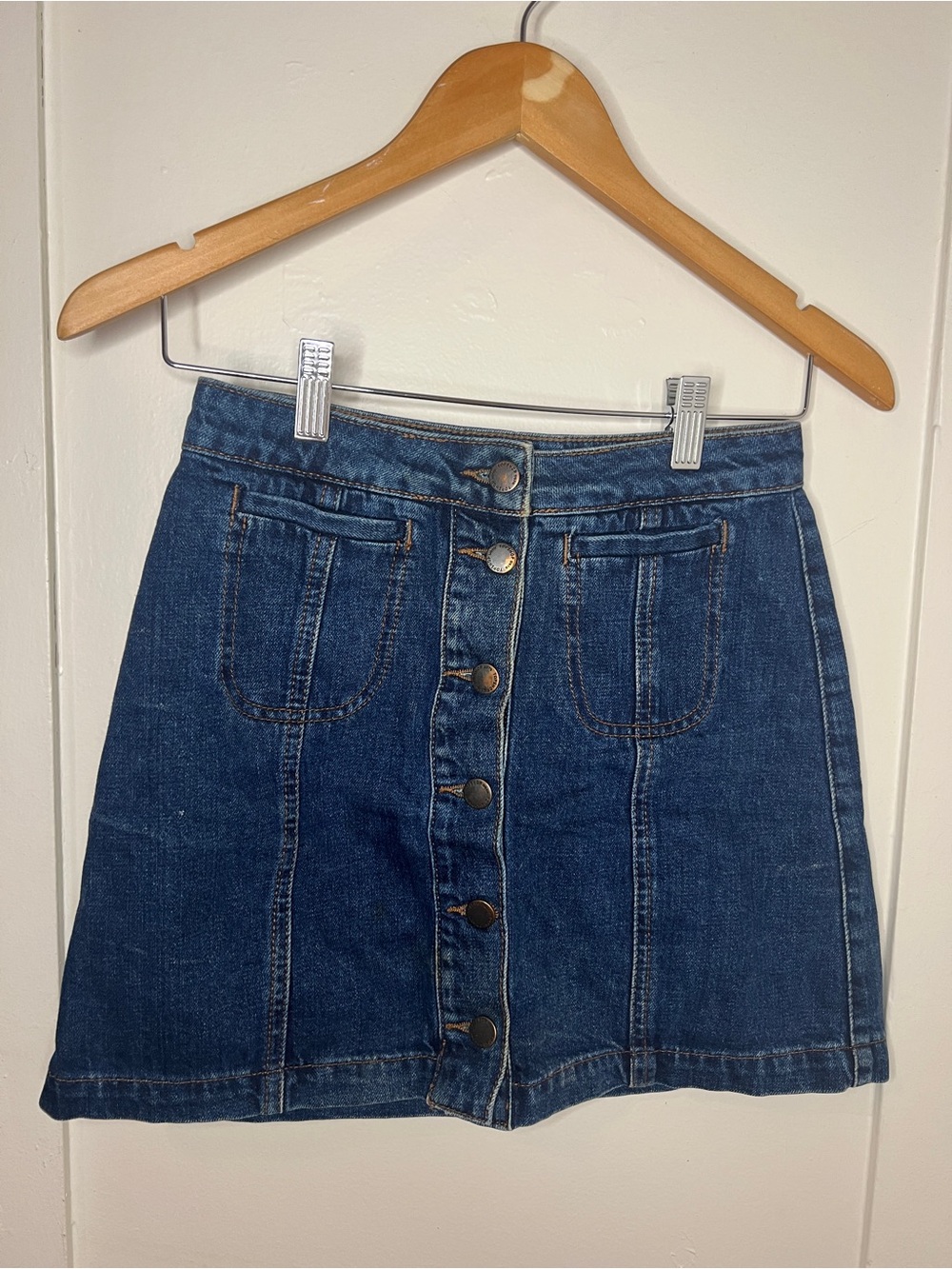 Topshop Dark Blue Button-Front A-Line Denim Skirt